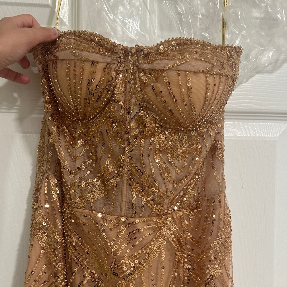 Bronx and Banco Strapless Dress with Gold Sequins